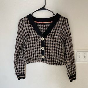 Zara Checkered Tweed Button Front Cropped Sweater